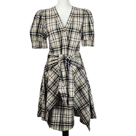 Derek Lam Plaid Skirt Set 6 Puff Sleeves Handkerchief Hem Preppy Cottagecore - Picture 1 of 12